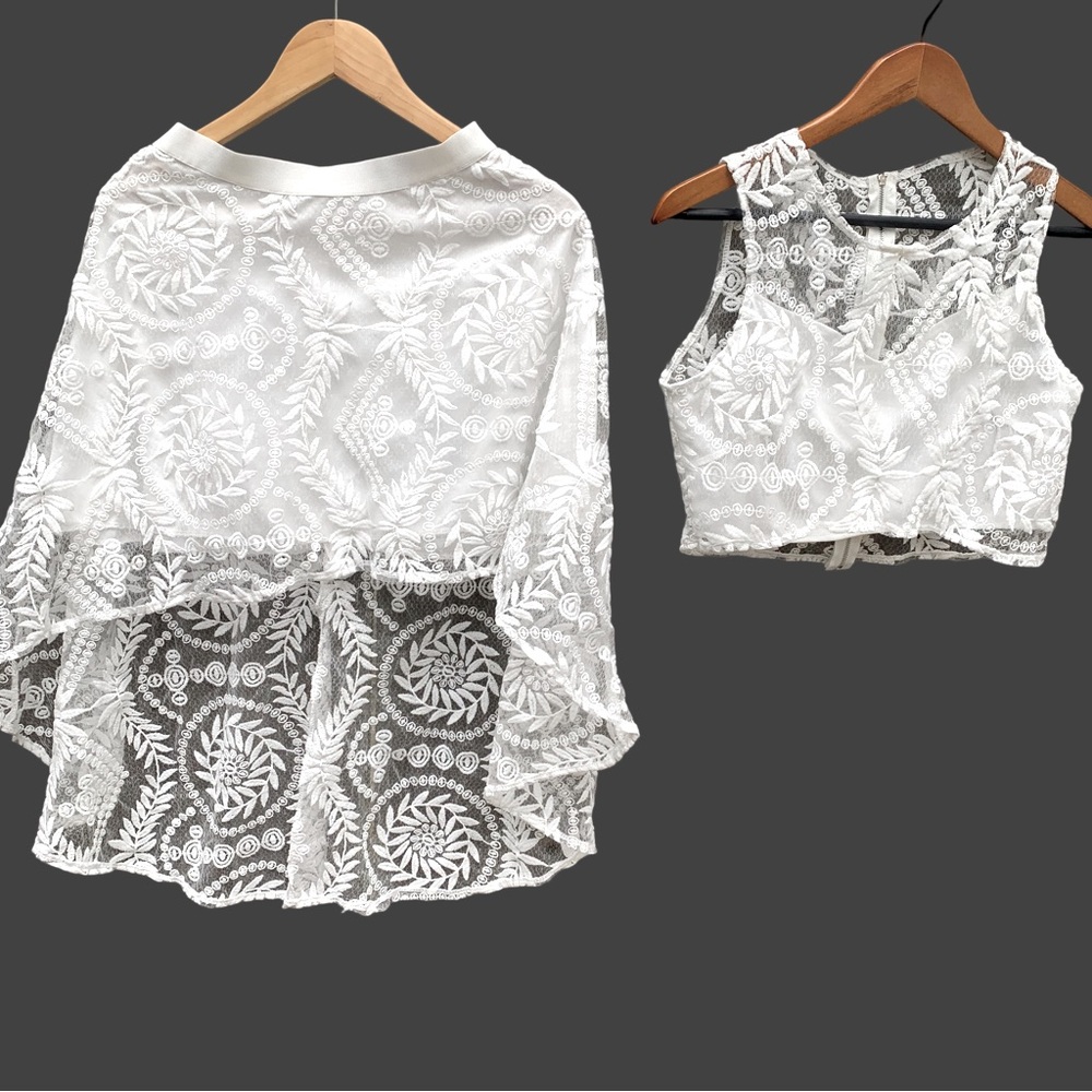 🇯🇵 Japanese White Lace Set Asymmetric Skirt Cropped Tank Top Skirt Lined S